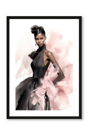 Beautiful fashionable young black woman in haute couture gown, fashion sketch illustration style