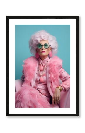 An elderly lady with a luxurious hairstyle in a pink feathered outfit sits in a stylish armchair