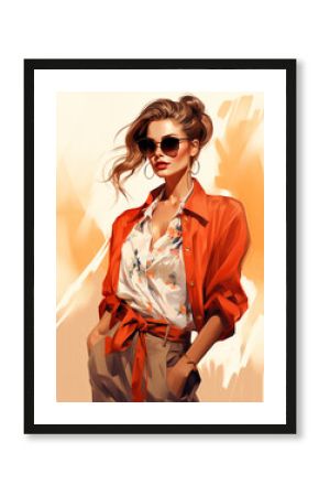 Beautiful fashionable young woman, fashion sketch illustration style
