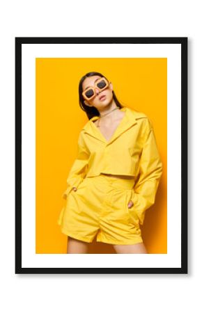 young woman beautiful dance girl fashion yellow sunglasses trendy attractive lifestyle