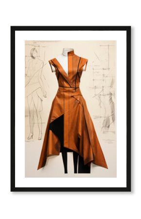 Generative AI image of fashion designer haute couture dressing place with various pencil sketches on paper and display of brown dress on mannequin