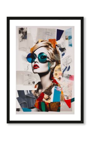 Pop collage Illustration of a beautiful female fashion model with sunglasses over colorful and vibrant patterns and shapes, Fashion, pop art