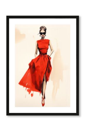 Fashion sketch, fashion illustration on a paper textured blank. Full length girl in red dress. Bright colors
