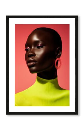 poc woman model wearing fluro yellow editorial fashion shoot on plain neon pink studio background