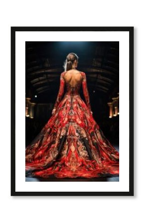 A model walks fashion catwalk runway show, Fashion Week season, in a fancy gown dress,