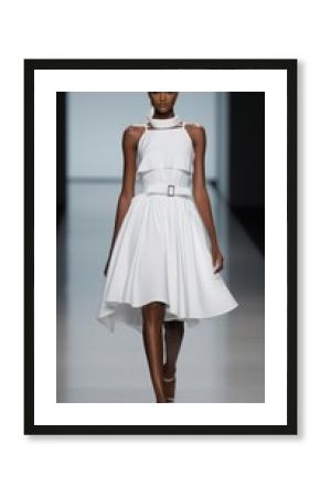 A beautiful African American female model wearing a white dress is parading down the catwalk at a minimalistic fashion show, showing off the designer's new collection.