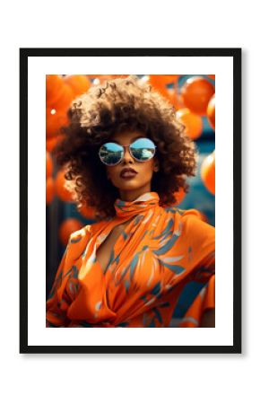 fashion cover of attractive African American black woman in trendy sunglasses and orange outfit