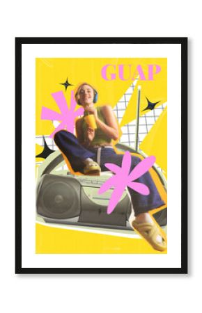 Smiling positive young girl sitting on retro music player, listening to music in headphones and drinking juice. Contemporary art collage. Concept of y2k art, generation z youth culture, fashion