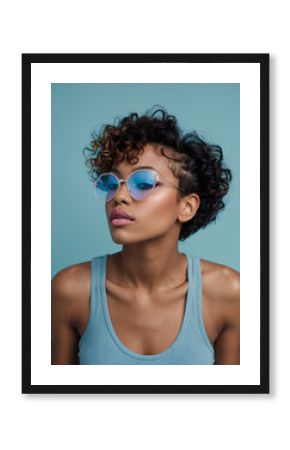 A black woman with curly hair, pink glasses and a light blue t-shirt