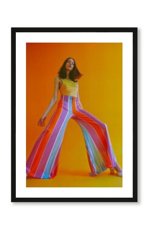 Young stylish woman model posing for edgy and modern fashion editorial. Conceptual photo in vivid colors. Haute couture contemporary trends