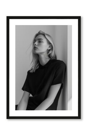 B&W minimalist elegance with a blonde caucasian female model. Woman poses in a sleek and modern setting, dressed in monochrome separates, clean lines, embodying timeless sophistication and simplicity