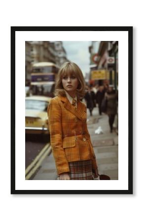 A stylish 1960s mod fashion photoshoot on a busy London street