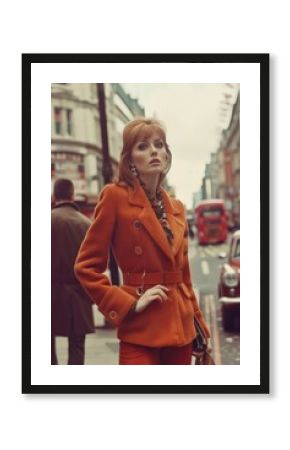 A stylish 1960s mod fashion photoshoot on a busy London street