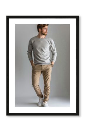 a man in a grey sweater and khaki pants