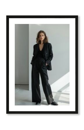 A model wearing black wide leg pants and an oversized blazer in a simple style with a minimalistic background for fashion photography in a full body shot with natural lighting. 