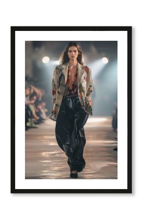 Model in modern clothes on runway, fashion show 
