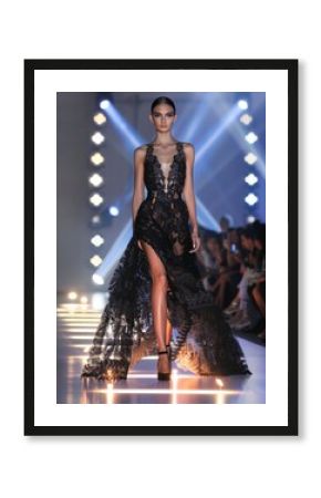 A model walks the fashion runway in a black lace gown with a high slit, illuminated by a dramatic spotlight, capturing the essence of elegance and sophistication.