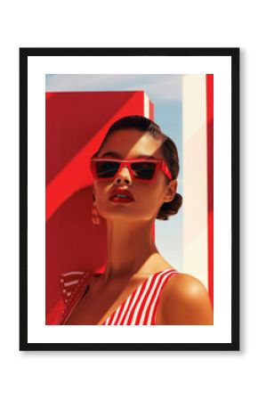 portrait of a woman with sunglasses and red background