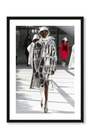 Model in a futuristic outfit with metallic accents and bold designs, walking the runway in a modern, minimalist fashion show setting.