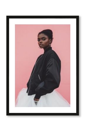 stylish black woman wearing long tulle skirt and street style sport 90s style man's bomber jacket