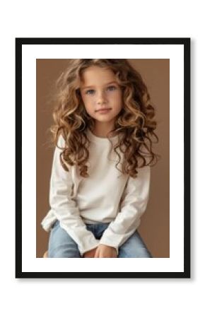 Cheerful Young Caucasian Girl with Curly Blonde Hair Wearing Casual Outfit