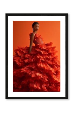 a girl is posing in a long orange dress made of autumn leaves, against orange background. Fall fashion style