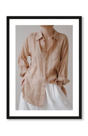 Elegant Woman Wearing Loose-Fit Beige Linen Button-Up Shirt and White Skirt in a Minimalist Light-Filled Setting with Rolled Sleeves and Relaxed Style