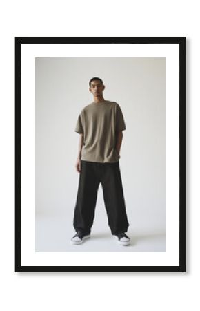 Fashion Portrait of Young Man in Casual Streetwear Style with Brown Tee and Sneakers