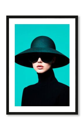 Minimalist fashion portrait of a woman wearing a wide-brimmed black hat and oversized sunglasses, set against a bold turquoise background.