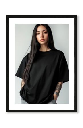 Stylish mockup of a plain black oversized t-shirt on a young woman, ideal for branding and design. Black T-shirt Mockup,Oversized Blank Shirt 