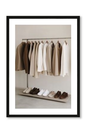 A clothing rack displays neutrally colored garments in earthy tones, arranged on metal hangers, embodying the essence of autumn fashion in a stylish industrial environment