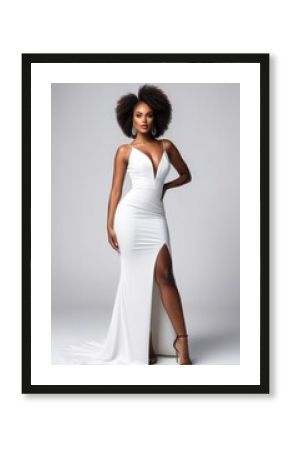 Full length portrait of a beautiful African American woman in a white dress on a white background.