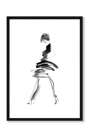 hand drawn black and white fashion sketch. woman or girl decorat