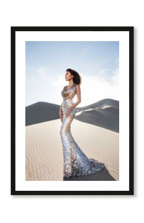 Beautiful fashion asian model in luxury shiny dress in desert