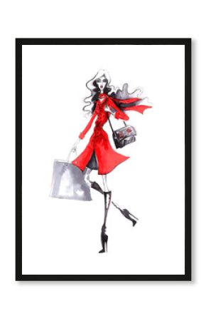 Beautiful young fashion girl. Stylish woman in fashion clothes. Hand drawn girl.