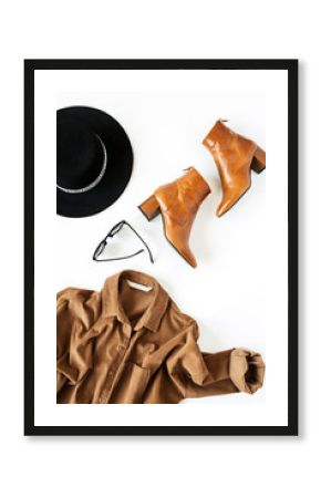 Flat lay fashion collage with women modern clothes and accessories on white background. Brown shirt, shoes, glasses, hat. Lifestyle, beauty concept for blog, social media, magazine.