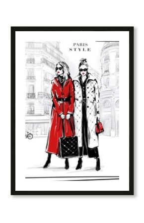 Hand drawn two beautiful young women in sunglasses. Fashion women with Paris street background. Girls in fashion clothes. Sketch. Fashion illustration.