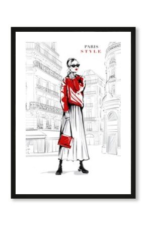 Hand drawn beautiful young woman in sunglasses. Fashion woman in red sweater. Girl in fashion clothes with Paris street background. Sketch. Fashion illustration.