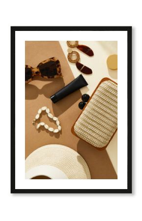 Makeup collection cosmetic products and fashion overhead