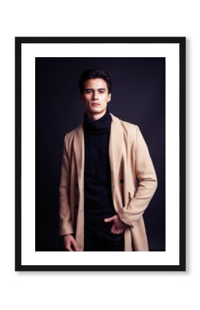 handsome asian fashion looking man posing in studio on black background, lifestyle modern people concept