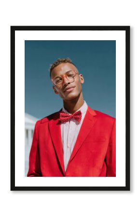 Stylish man wearing red suit and bow tie posing outdoors
