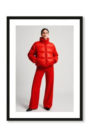 Minimalist fashion model wearing bold red puffer jacket and matching pants in studio setting