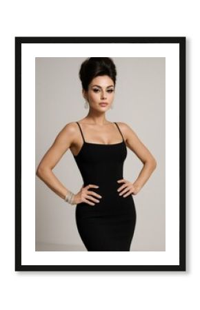 Elegant woman wearing sleek black evening dress, standing confidently with sophisticated poise in professional studio environment