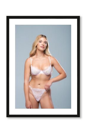 White lingerie photo set of beautiful blonde woman in clean studio light, showing front and side views. Perfect for underwear catalog, fashion e-commerce, and online advertising.