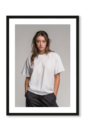 A beautiful female model wearing a white t-shirt. A product shot for fashion and apparel. best use for mockup.