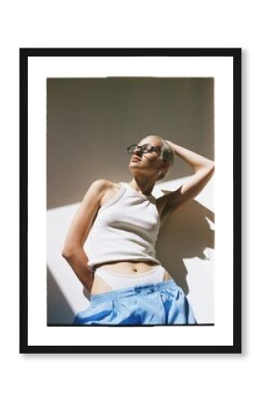 Model showcasing casual fashion and distinctive style