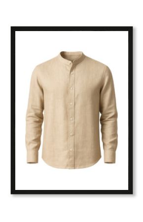 Sand beige linen blend shirt featuring a grandad collar and button front.