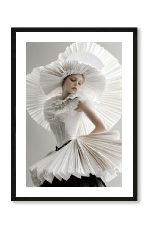 Model Wearing a Dramatic Avant-Garde Dress Made of Layered Paper-Like Petals in a Sculptural Design