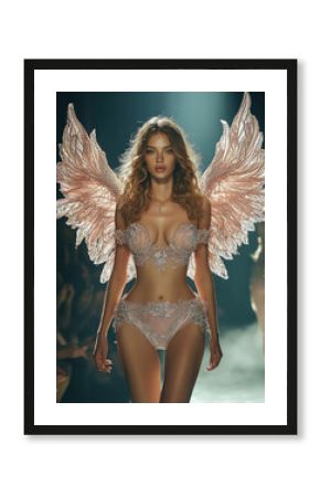 top model in luxury lingerie with white wings on the catwalk at fashion week, beautiful young european woman with slim body at fashion show, elegant sexy girl, modeling