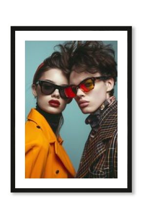 Fashion couple young models in stylish sunglasses on a minimalistic wall background. Ideal advertising for accessories eyewear stores.